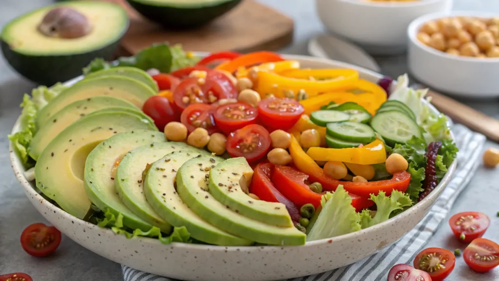 A colorful vegan salad with avocado slices and cherry tomatoes