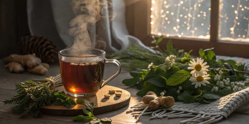 A cozy mug of cold and flu tea with fresh herbs