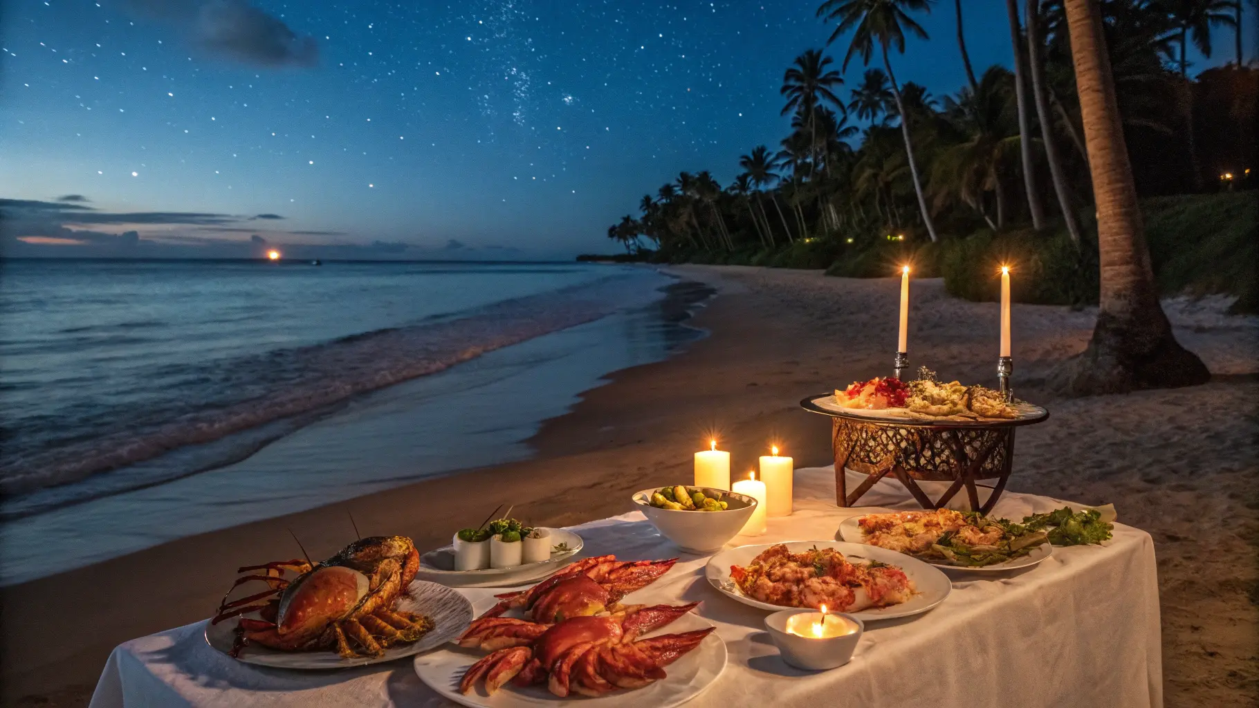 A table set up on the beach with seafood and candles under the stars.