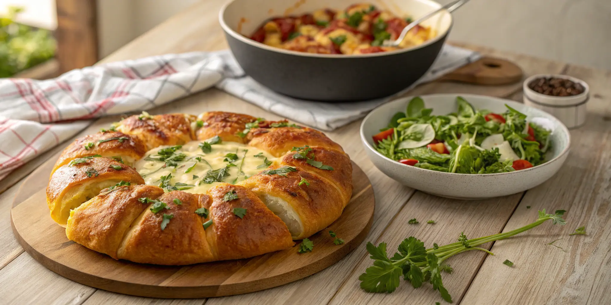 Golden crescent roll casserole with melted cheese and herbs