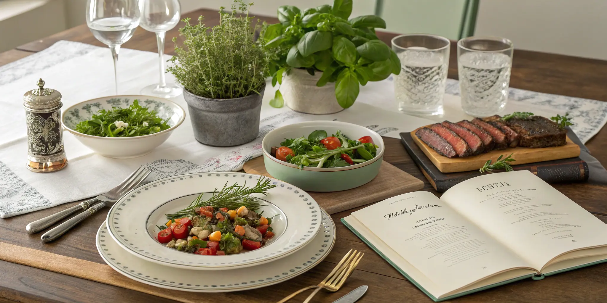 Dinner party recipe book on a decorated table