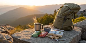 Best backpacking breakfast ingredients laid out on a rock at sunrise