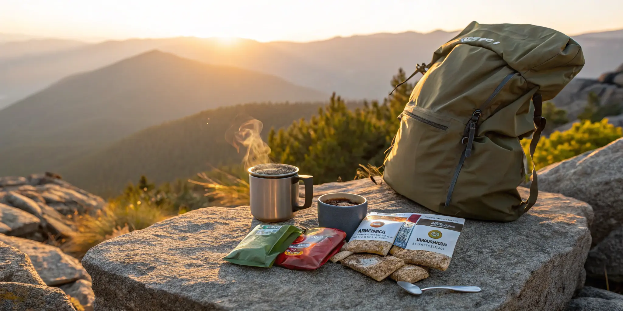 Best backpacking breakfast ingredients laid out on a rock at sunrise