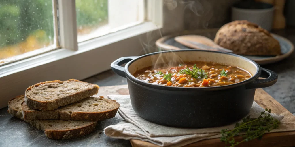 Lentil Stew and Sprouted Grain Bread from Blue Zone Recipes Dinner